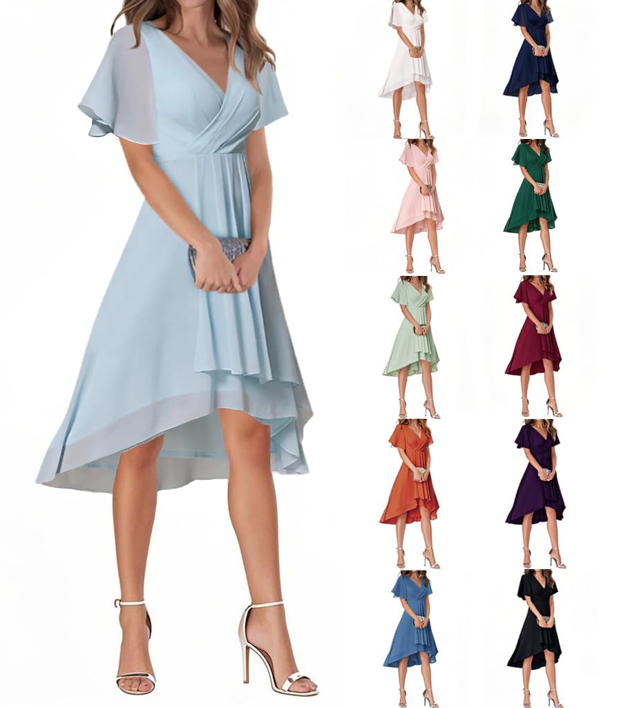 Minetom Robe De Soirée Femme A Line High Low Col V Manches Courtes pour Mariage Invité Mousseline Plissé Dress