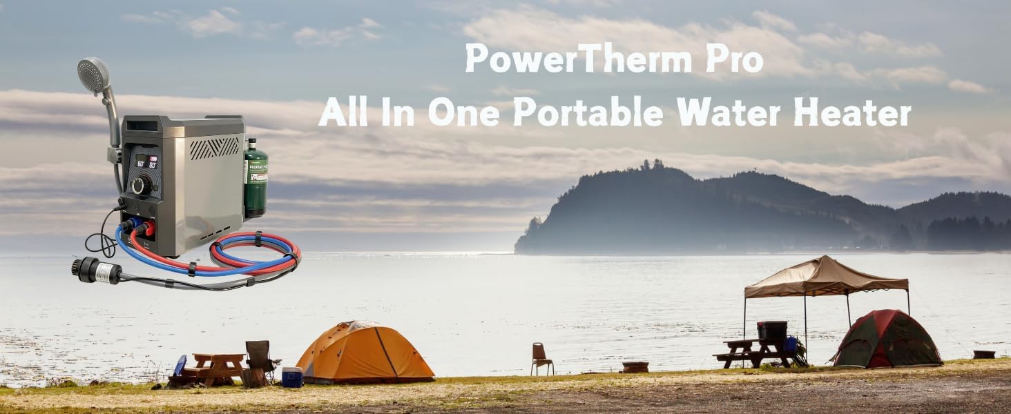 Portable Outdoor Propane Water Heater with Built-in 12V Water Pump, Battery Powered Tankless Gas Water Heater for Camping, RV, Off-Grid Living, Pet Washing - Includes Shower Head and Hose System