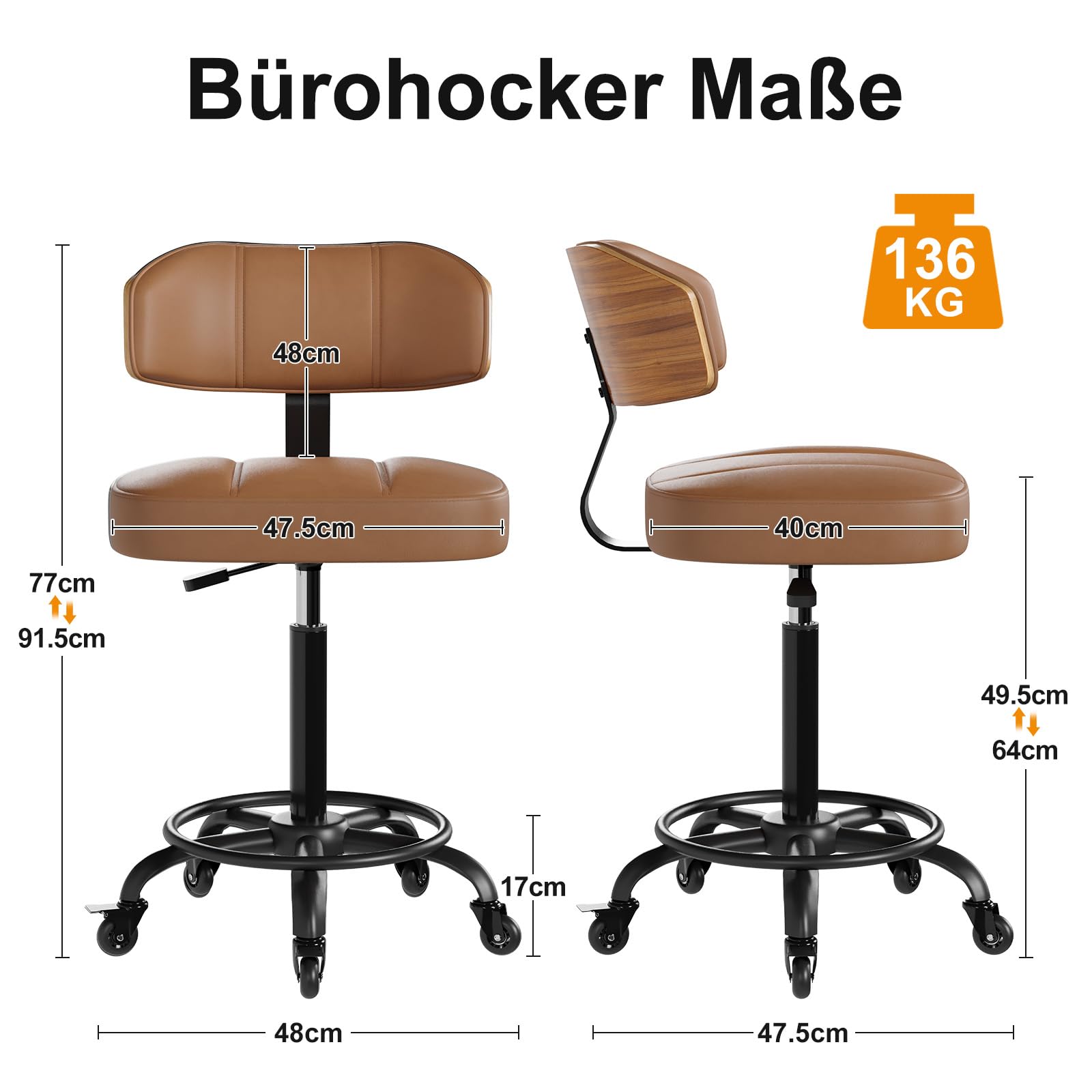 Bürostuhl ohne Armlehnen Drehstuhl 360° Schreibtischstuhl mit Rollen höhenverstellbar PU-Leder für Arbeitszimmer Schlafzimmer Homeoffice Schminkbereich Operationssaal Labor Schwarz Braun