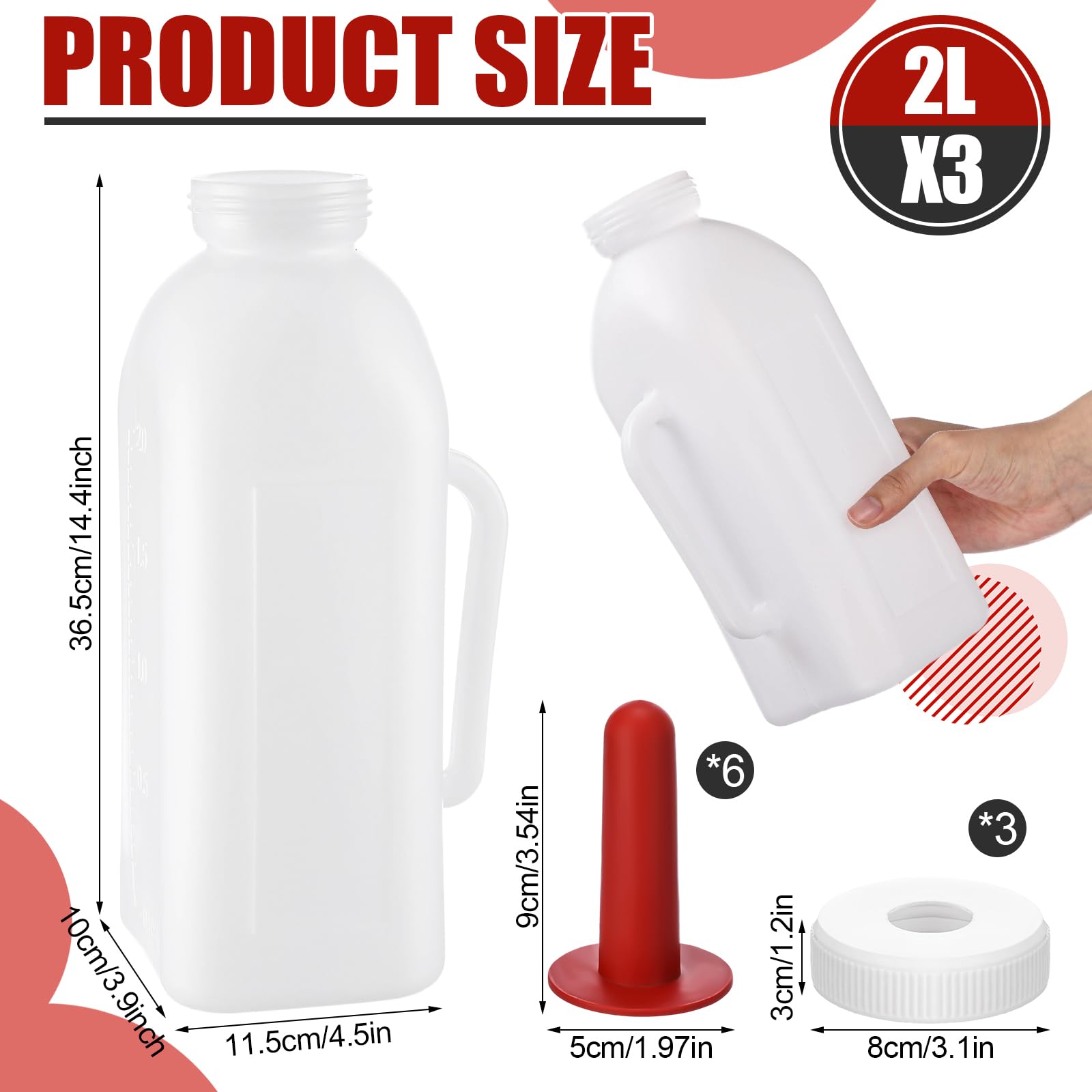 3 juegos de biberones para terneros con tetinas de silicona de repuesto, olla de alimentación de leche duradera con asa para pantorrillas, suministros de lactancia para ganado (2 L)