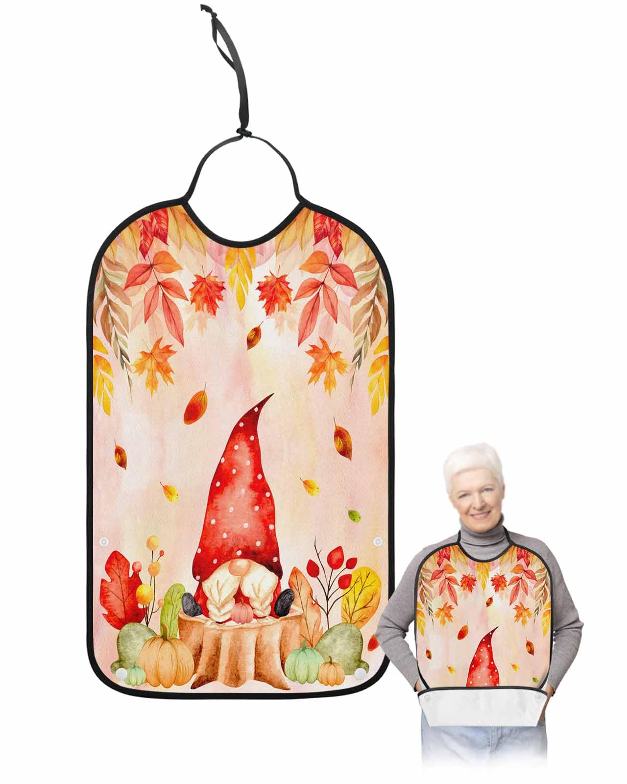 LEOKOTI Red Orange Fall Adult Bibs for Eating, Waterproof Bibs with Food Catcher & Adjustable Snap Closure, Thanksgiving Gnomes Maple Leaf Washable Clothing Protectors Adult Bibs for Elderly Women/Men