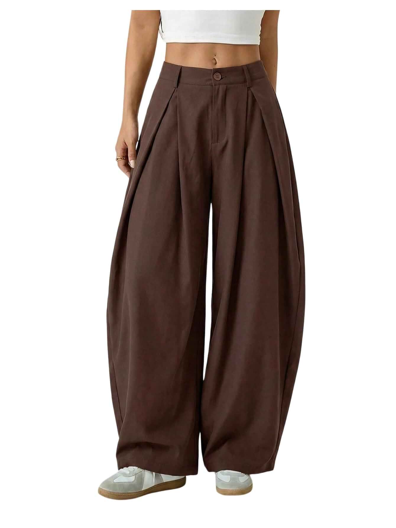 GORGLITTER Women's Barrel Pleated Oversized Wide Leg Cargo Pants Low Rise Baggy Fit, Business Casual Outfits, Spring Fall, Drop Waist Trousers