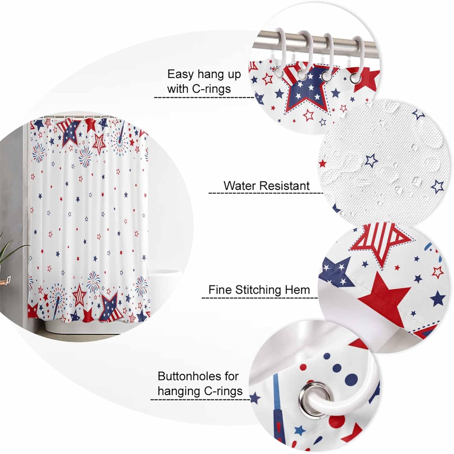 Red White and Blue Stars Shower Curtain Waterproof Red Blue Stars Firework Shower Curtain for Bathroom,Bathtub,Shower, 4th of July America Patriotic Shower Curtain Set with Hooks 72x72 Inch