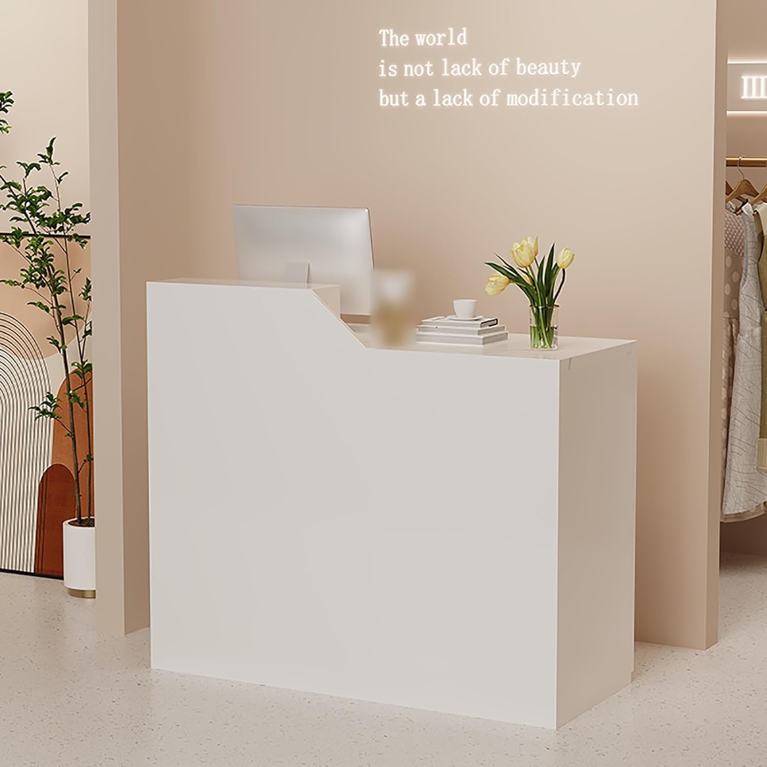 Retail Checkout Counter Front Desk Reception Counter Retail Counter Reception Counter Table with Drawers Modern Welcome Desk for Lobby Beauty Salon Clothing Store Milk Tea Shop.(White+black grain)