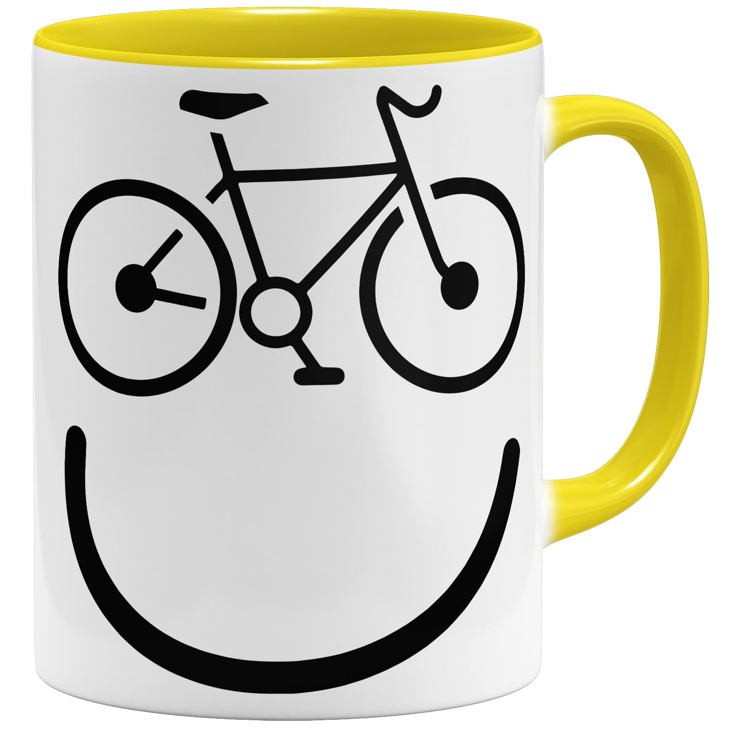 OM3® lustige Fahrrad Kaffee-Tasse mit lachendem Gesicht - Bicycle Happy Smile - Keramik Becher - 325ml - Beidseitig Bedruckt - Gelb
