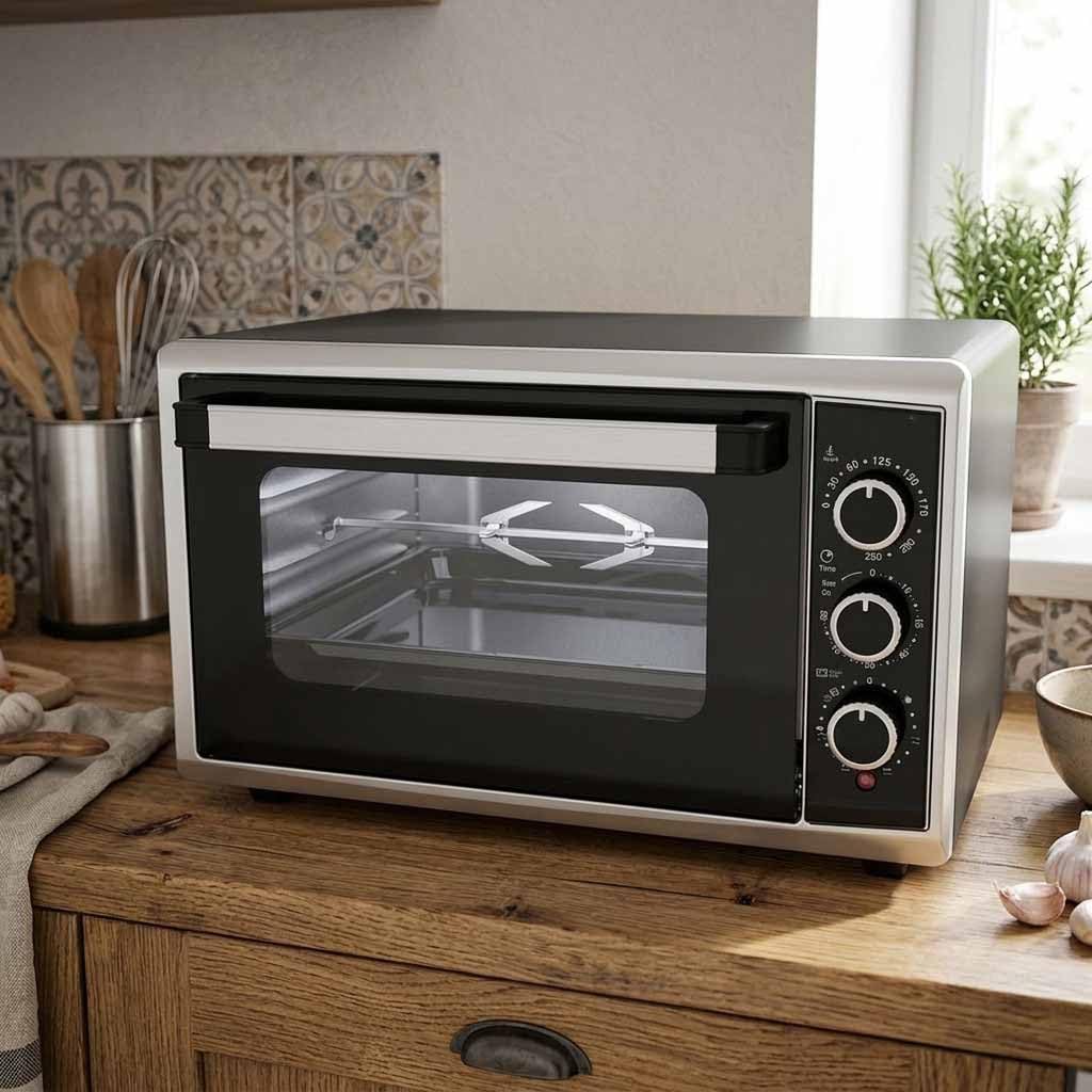 Suinga Horno Eléctrico con Convección y Rustipollo | 50 L | 2000 W | Doble Puerta de Cristal | Termostato Regulable | Temporizador 90 Min | Incluye Bandeja, Rejilla y Asador Giratorio