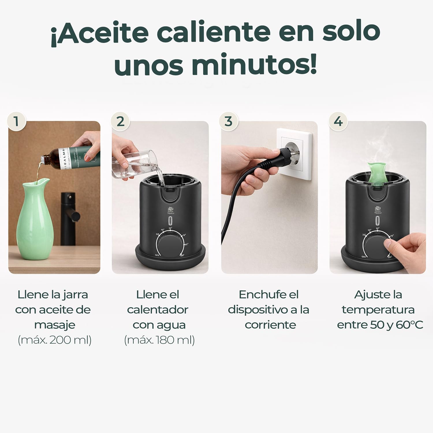 Relax Master Calentador de Aceite de Masaje – Jarra Vertedora de Cerámica – Temperatura Ajustable 33–100 °C – Calentamiento Rápido – Sistema Baño María.
