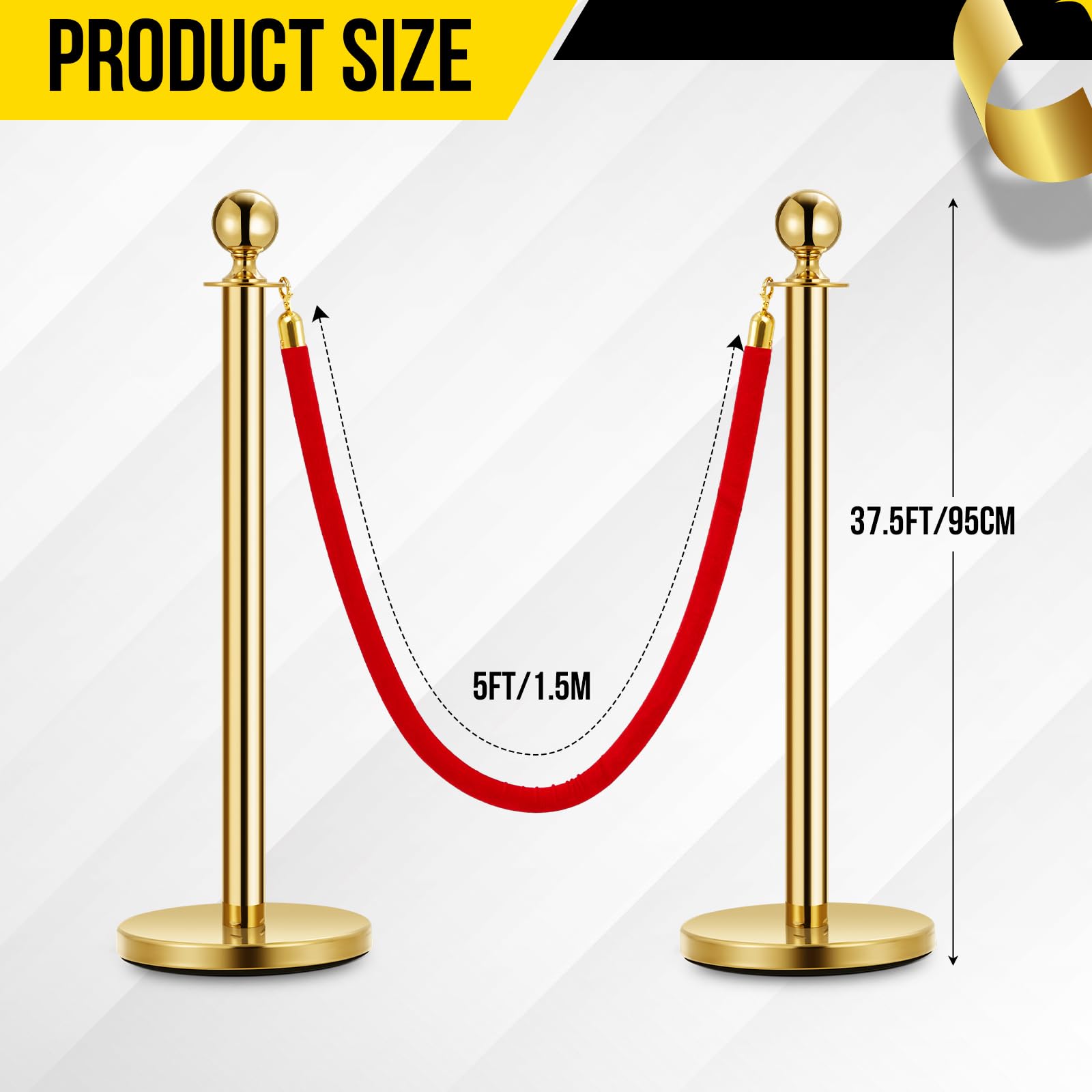 Stanchion Post with Velvet Rope, VIP Stanchion Queue Pole Barrier Posts, Red Carpet Stanchion Set, Gold 6-Pack