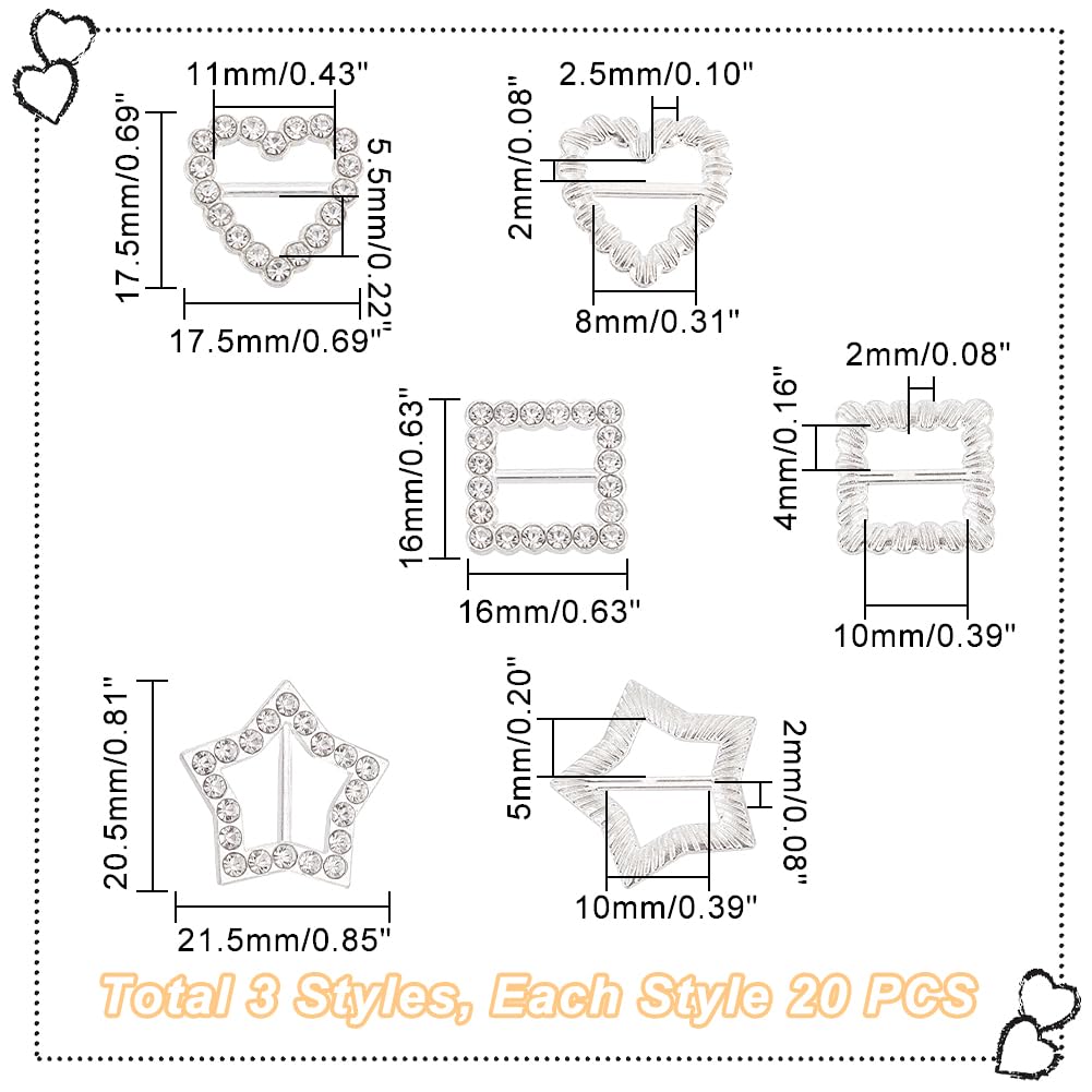 AHANDMAKER 60 fibbie per nastro con strass, 3 mini fibbie di cristallo, per fai da te, quadrate, a forma di cuore, stella, fibbia per cintura, cursori per abbigliamento, scarpe, inviti di nozze e