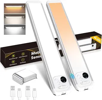 RUIKORING Under Cabinet Lighting, 3 Colors, Motion Sensor Light Indoor, LED Rechargeable Closet Lights Battery Operated, Dimmable Night, Stick-On Magnetic Cabinet Lights for Kitchen Stairs Hallway