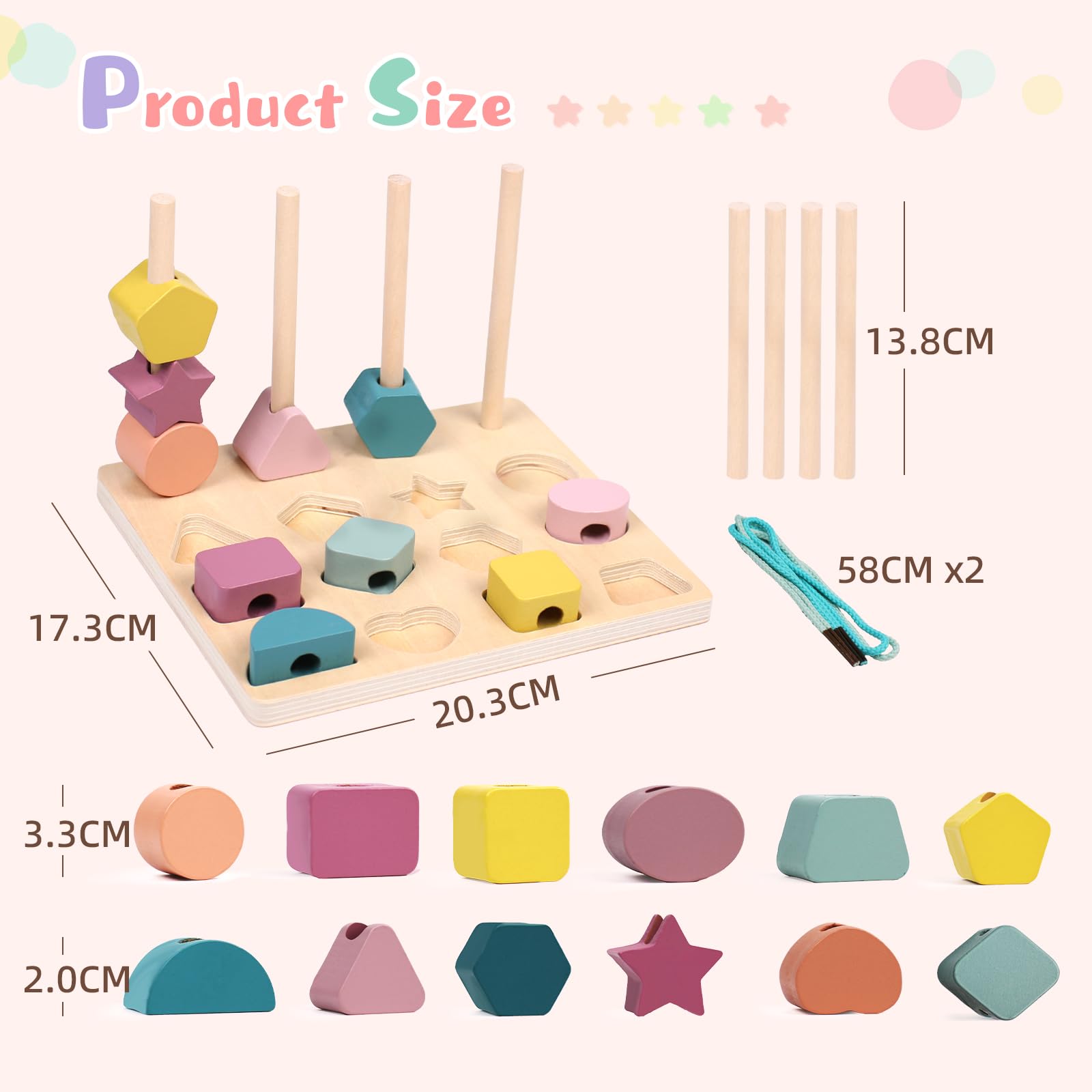 Jeux Montessori Enfant, 3 en 1 Jouet d'activité et de Développement Empilable y Enfiler, Enfant Jeu Educatif, Jouets de Tri Bois Cadeau pour Garcon et Fille 2 3 4 5 Ans, Jouets de Perles de Laçage