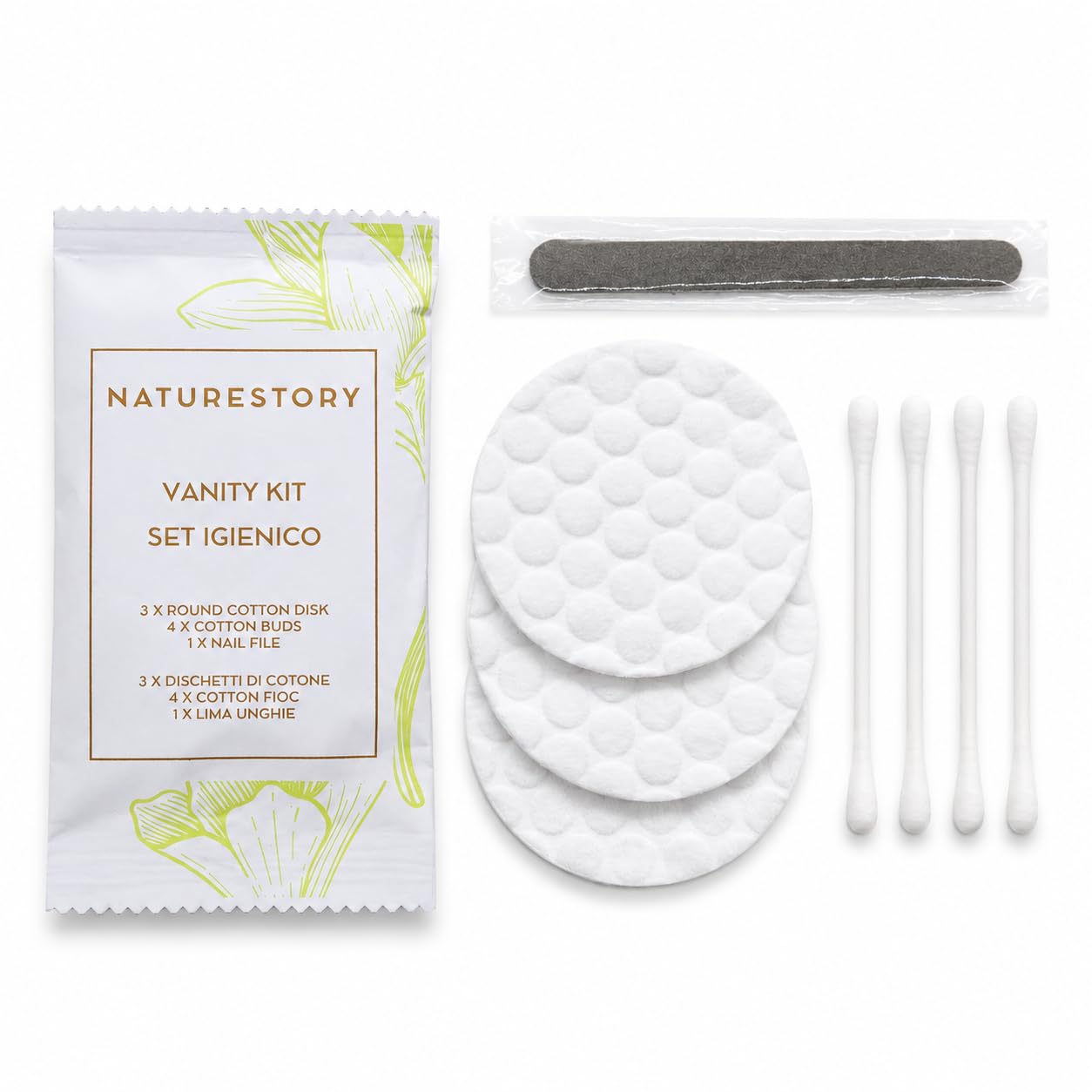 Maqa Vanity Einweg-Set für Gäste, 3 Make-up-Entferner-Pads, 4 Wattestäbchen, 1 Nagelfeile, elegante Einzelpackung für Hotel, B&B, Ferienhäuser, Spa, hygienisch und gebrauchsfertig (100)