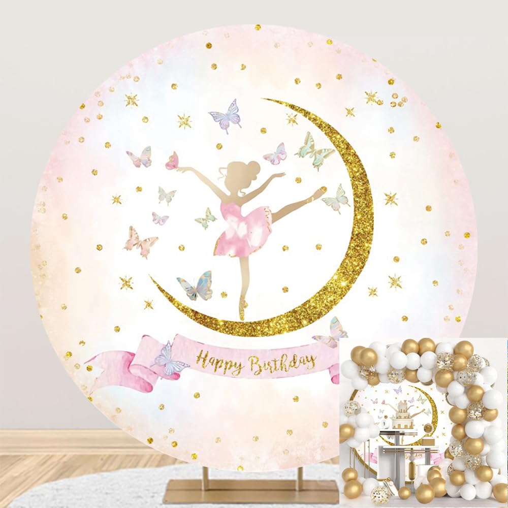 Leyiyi 7.5x7.5ft Ballet Girl Round Backdrop Happy Birthday Ballerina Birthday Round Backdrop Cover Gold Moon and Stars Butterfly Photography