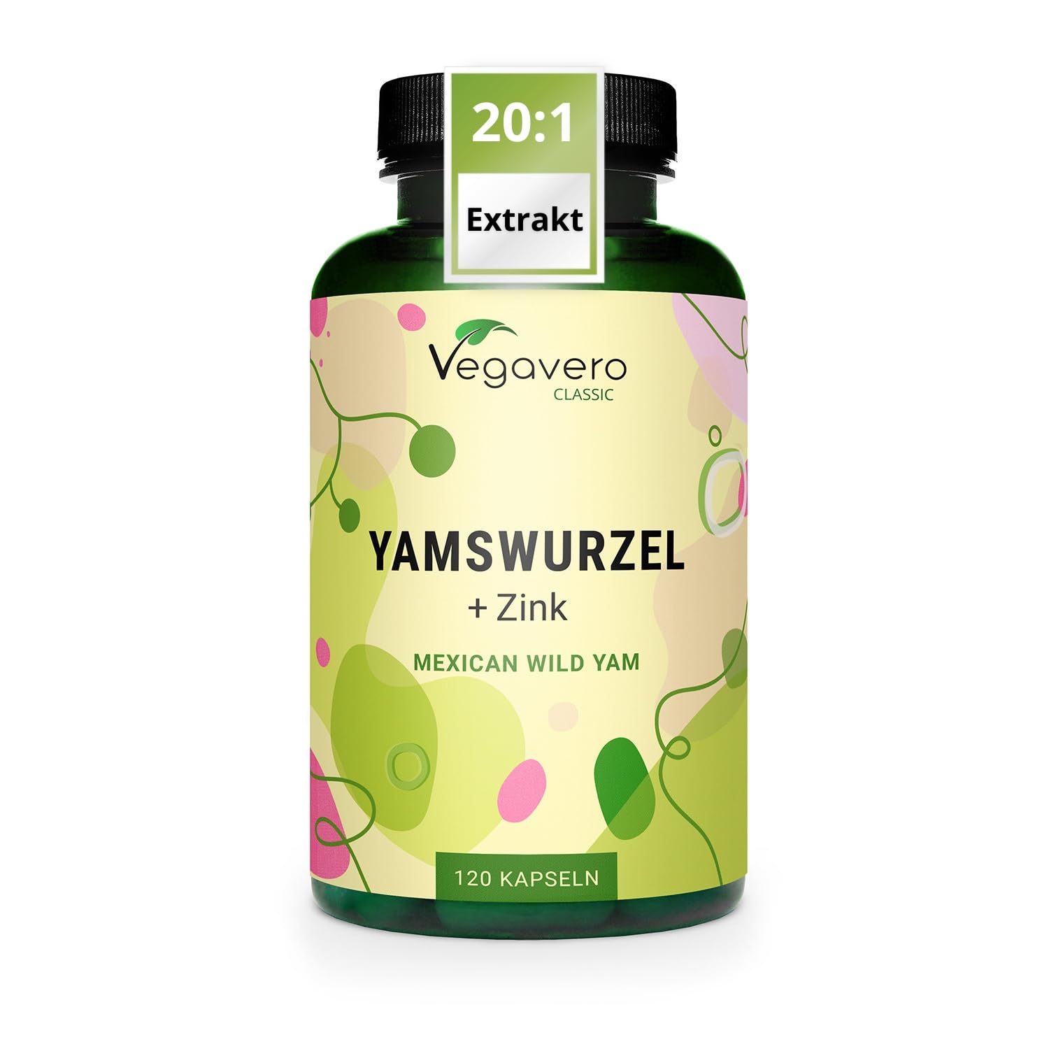 Vegavero Yamswurzel Kapseln hochdosiert 120 Stück - 1000 mg Wild Yam Extrakt 20:1 mit 20% Diosgenin & Zink - Dioscorea villosa hochdosiert - Vegan, ohne Zusatzstoffe