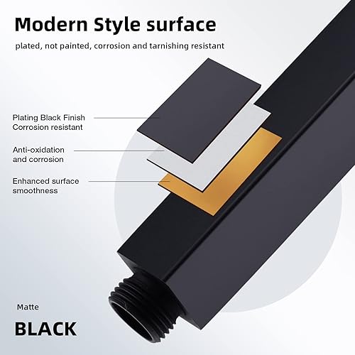 Miniatura 5 de Brazo de ducha cuadrado de 6 pulgadas con brida, brazo de extensión de cabezal de ducha de lluvia de repuesto negro mate de acero inoxidable