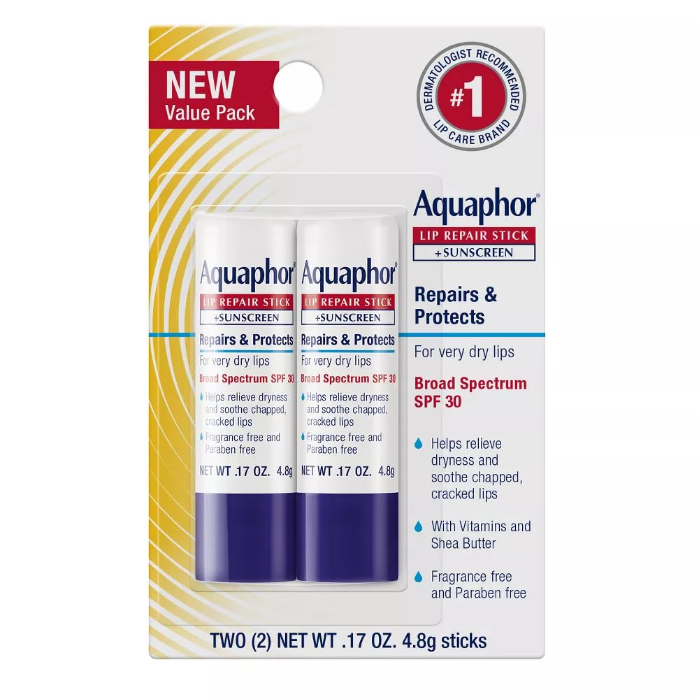 Aquaphor Lip Repair Stick SPF 30 Sunscreen for Chapped & Dry Lips, Moisturizing Lip Balm with Shea Butter & Vitamins, Broad Spectrum UVA UVB Protection, Fragrance Free, Dermatologist Recommended, 2 Pack (0.17 oz Each)-image-37