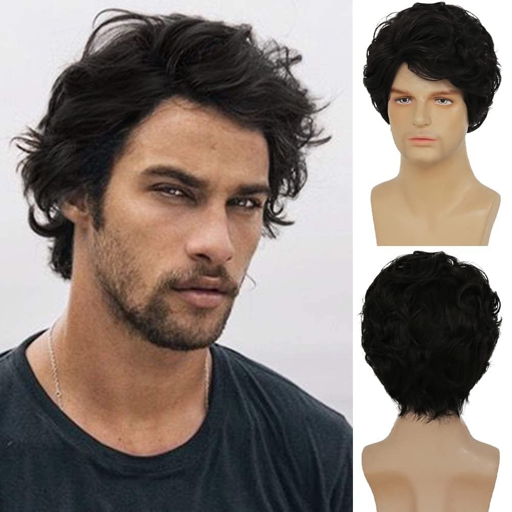 D-DIVINE Mens Short Black Wigs Layer Wavy Wigs for Men Natural Synthetic Hair Wig for Man Men Guy Cosplay Anime Party Costume Anime-image-30