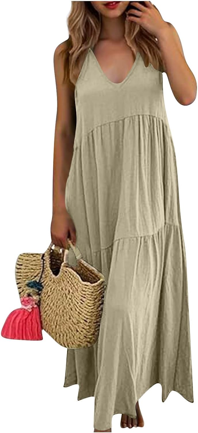 Womens Cotton Linen Midi Dresses Trendy Sleeveless Boho V Neck Loose Flowy Dress Casual Beach Vacation Sundress