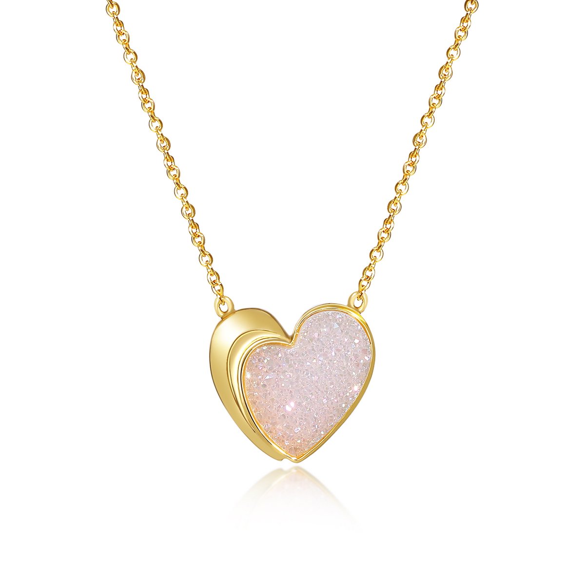 JOY AND ELAINE Drusy Quartz Heart Pendant Necklace with Gold-Plated Over Brass, 16"+3" Extender
