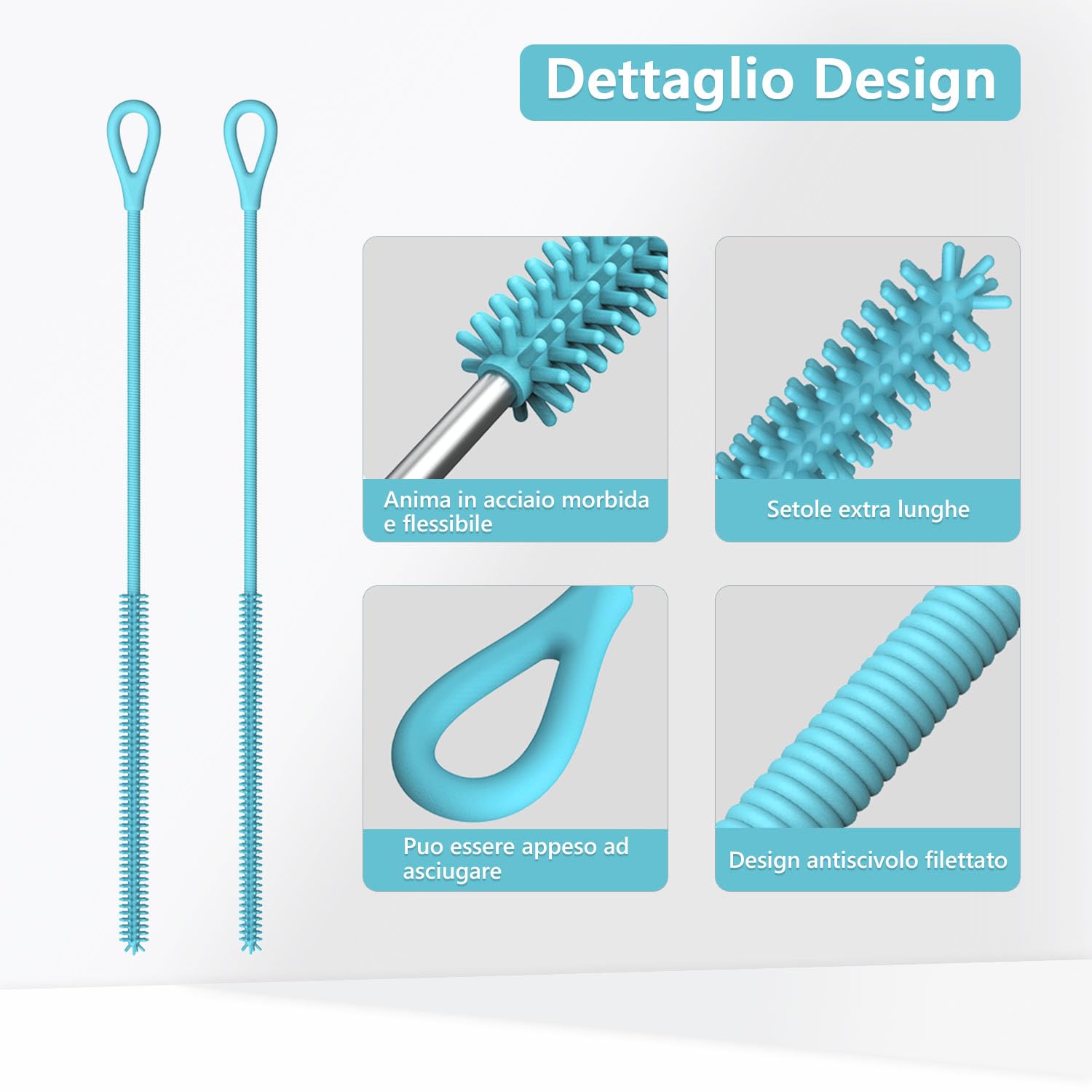 Spazzola Cannucce Silicone, 2Pezzi Scovolino per Cannucce Riutilizzabile per Vetro Metallo Frullati Cannucce e Tazze Cannuccia, Impugnatura Antiscivolo Morbida e Pieghevole, 6mm+9mm, Blu