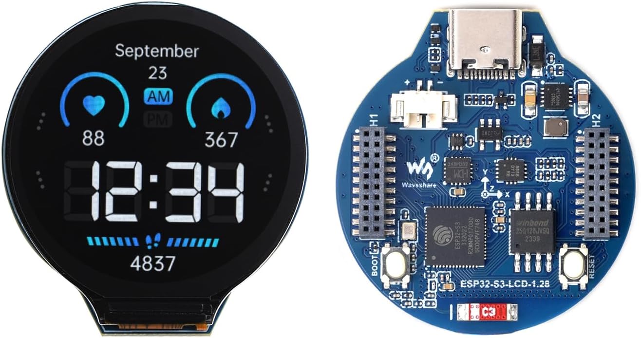 waveshare ESP32-S3 MCU Board with 1.28inch IPS Round LCD Display, Supports 2.4GHz Wi-Fi (802.11 b/g/n) and Bluetooth 5, 32-bit LX7 Dual-core Processor, 16MB Flash & 2MB PSRAM, Type-C Connector