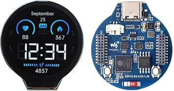 waveshare ESP32-S3 MCU Board with 1.3" IPS Round LCD Display, Supports 2.4GHz Wi-Fi 802.11 b/g/n and Bluetooth 5, 32-bit LX7 Dual Core Processor, 16MB Flash & 2MB PSRAM Type-C Connector
