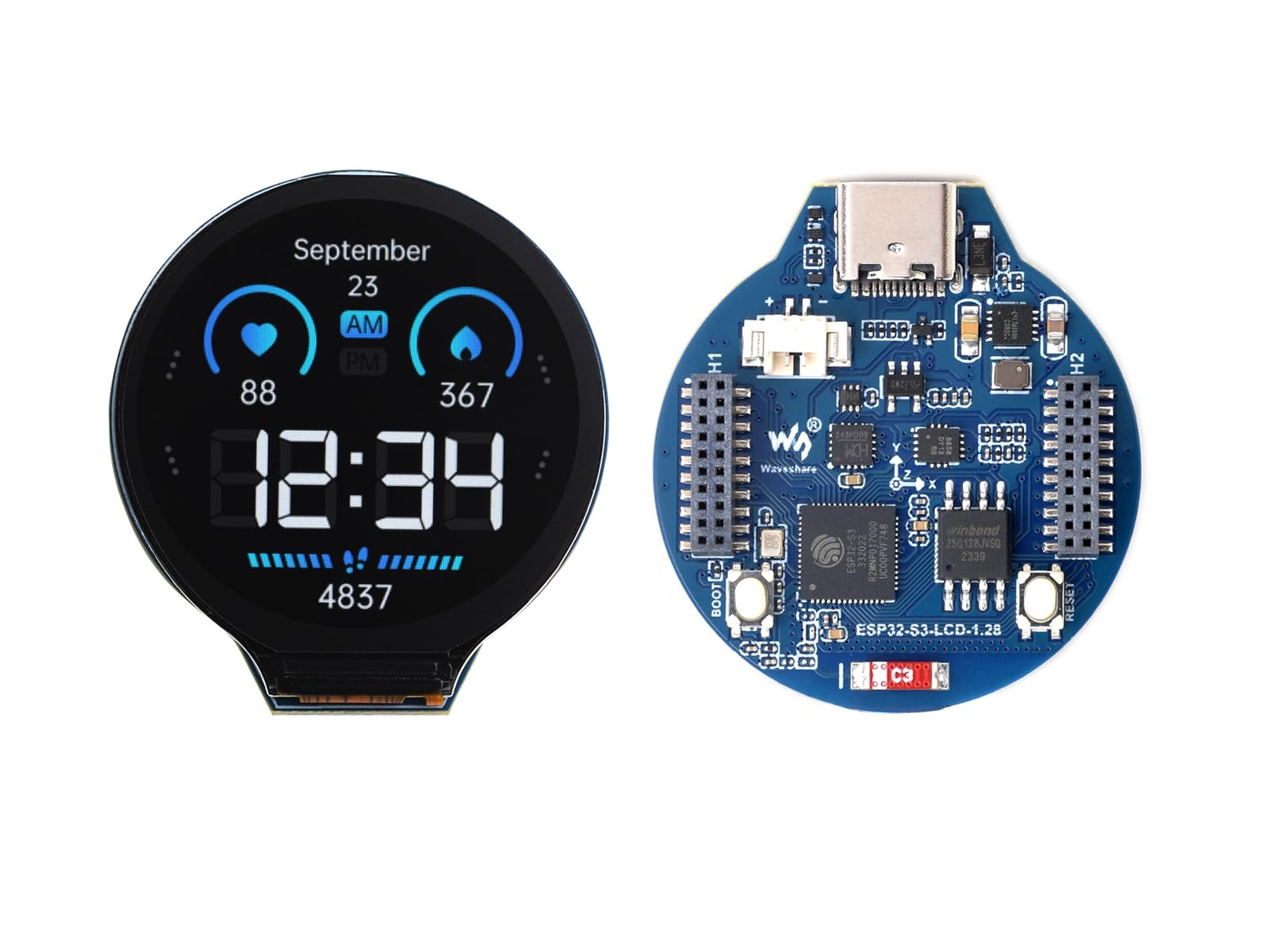 Placa ESP32-S3 MCU con pantalla LCD redonda IPS de 1.3 pulgadas, compatible con Wi-Fi de 2.4 GHz (802.11 b/g/n) y Bluetooth 5, procesador LX7 de doble núcleo de 32 bits, flash de 16 MB y PSRAM de 2