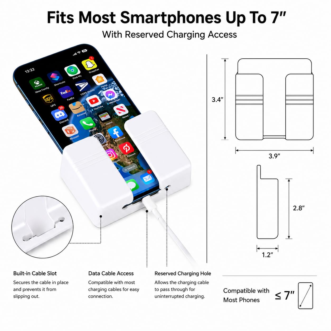 D1 Supporto da parete per telefono, supporto per telefono con adesivo e cavo dati, supporto per doccia, ricarica, camper, compatibile con iPhone, telecomando TV, smartphone e altro (bianco)