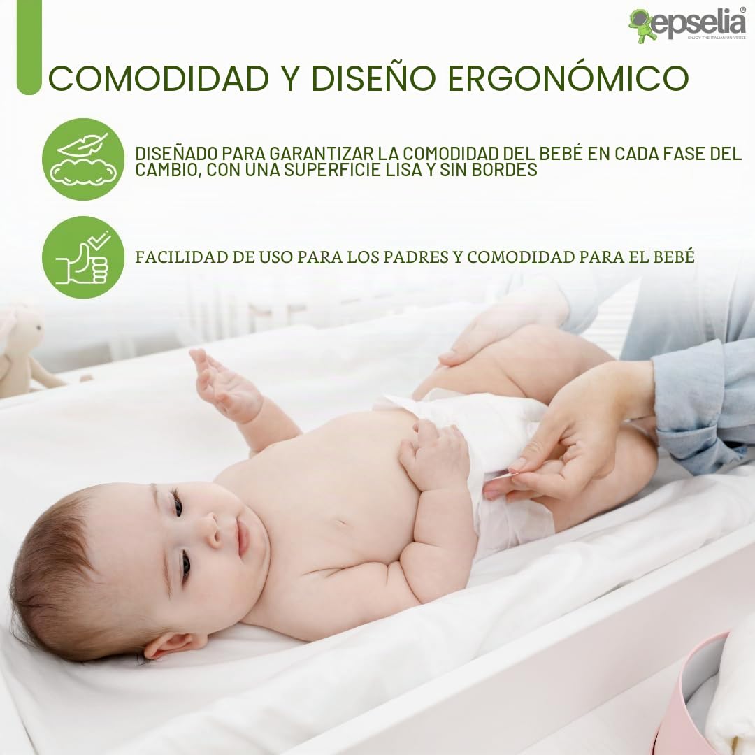EPSELIA - Colchón cambiador de PVC, bolsillo de fijación no tóxico conforme a EN71, prueba antivuelco conforme a EN 12221, 80 x 50 x 10 cm, fácil mantenimiento