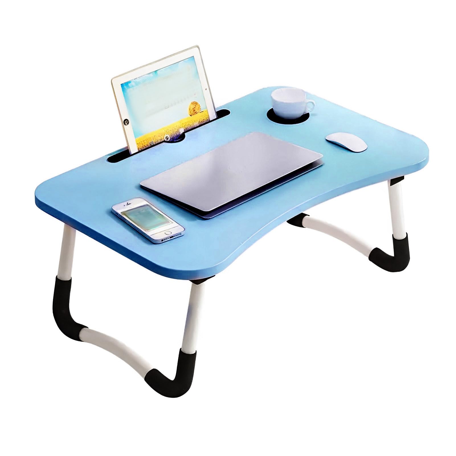 Holdfiturn Laptop Bed Table Laptop Tray Lap Tray Breakfast Foldable Bed Tray Portable Lap Table With Handle Cup Holder Notebook Stand for Bed and Sofa Reading Writing Working Blue