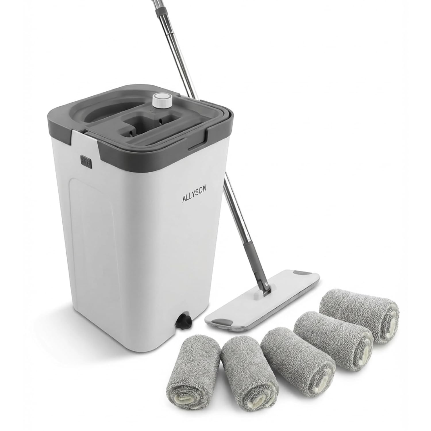 Allyson® Wischmopp Set mit Eimer, 3 Kammer System, inkl. 5 Mopptücher | Integrierter Haarentferner, für Fliesen, Laminat & Holzböden, BPA-freier Eimer, ohne Bücken & nasse Hände