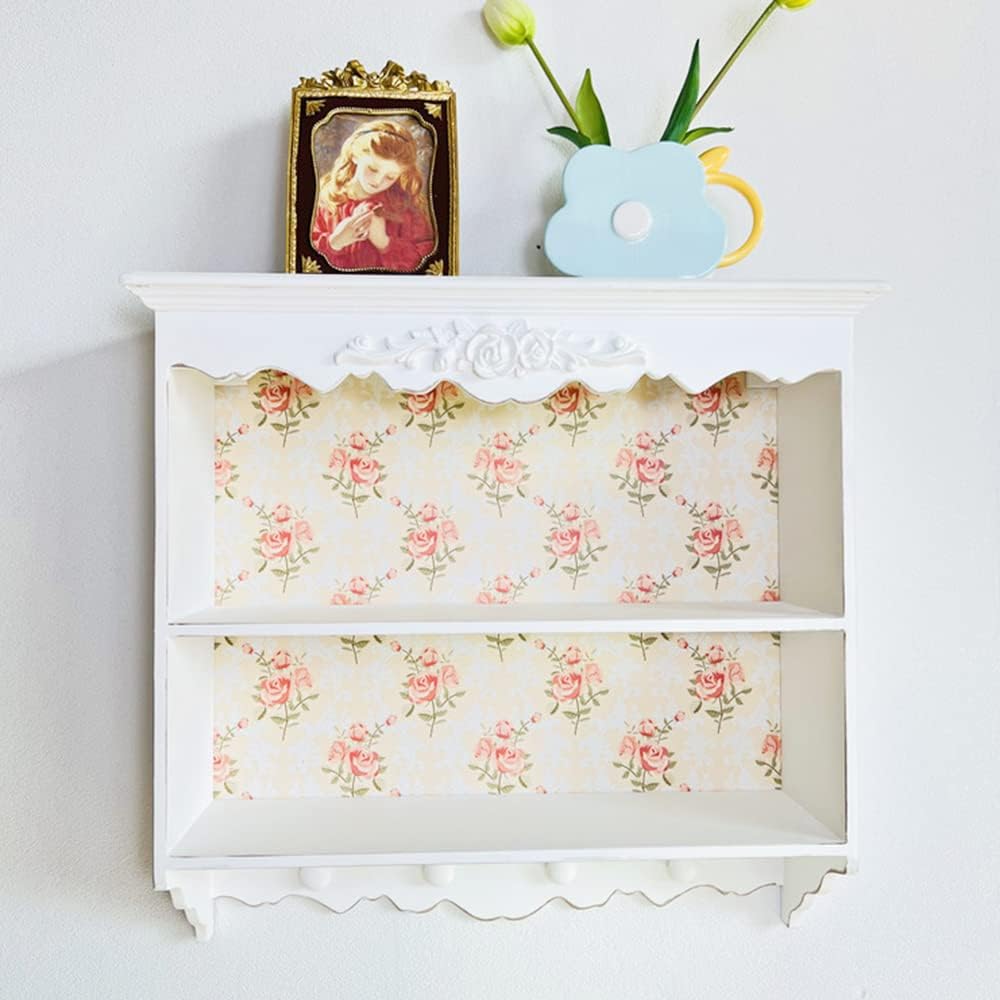 Distressed 19.2" x 20" Wall Floating Shelves with Flowers Carving,MDF French Style Wall Shelf with 4 Hooks for Living Room Bedroom Kitchen Office