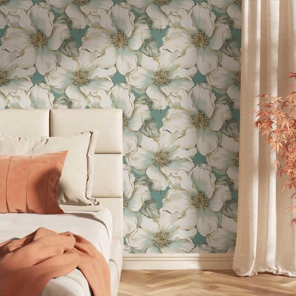 18"x236" White/Gold Large Magnolia Flower Peel and Stick Self Adhesive Wallpaper Removable Contact Paper Stick on Easy Peel Off Wall Paper for Kitchen Bedroom Bathroom Renter