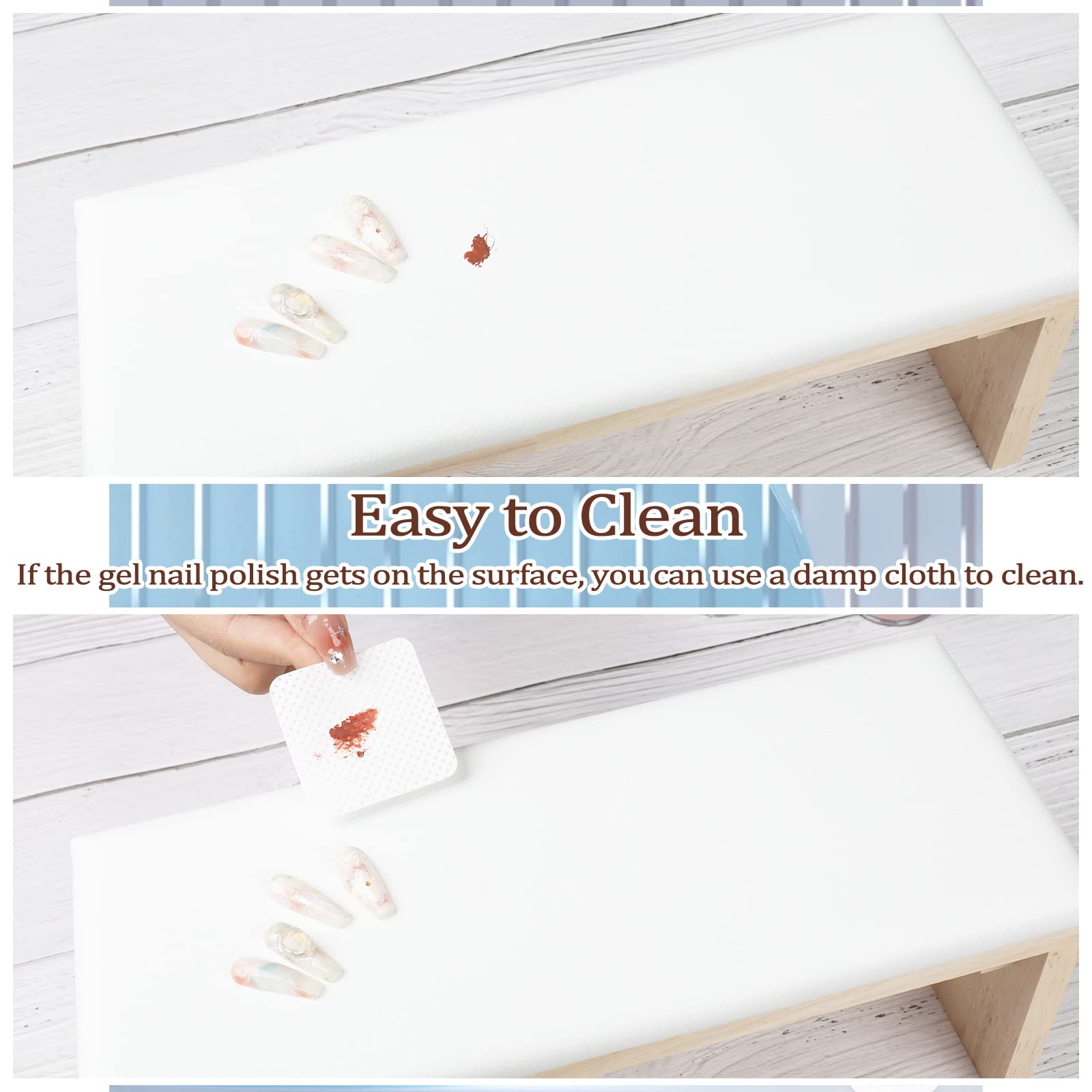 Reposabrazos para técnicos de uñas, cojín profesional de cuero de microfibra con esponja suave de alta densidad, mesa de madera maciza, soporte de manicura antideslizante para suministros de uñas 5
