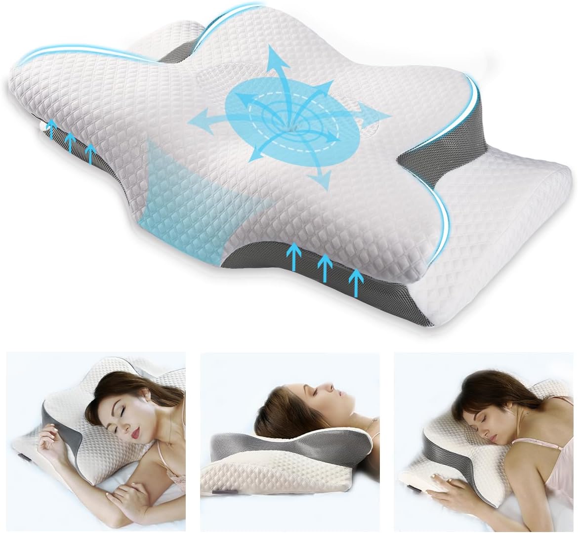 Lemeiler Orthopedic Pillow Memory Foam Cervical Pillow Butterfly Shape, Bed Pillow Support Sleeping Pillow, Neck Pillows for Side Sleepers, Back/Stomach Sleepers for Neck and Shoulder Pain