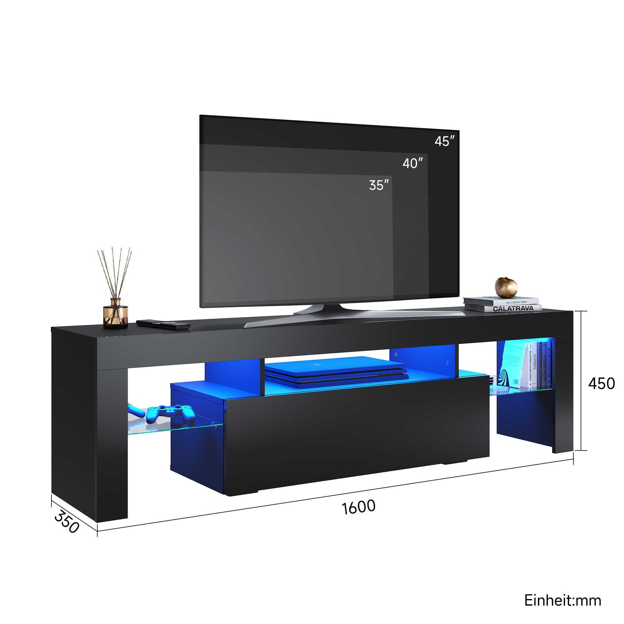 SONNI Mobile Porta TV Soggiorno 160x35x45cm, Mobiletto TV Nero, Mobile Sotto TV con illuminazione LED