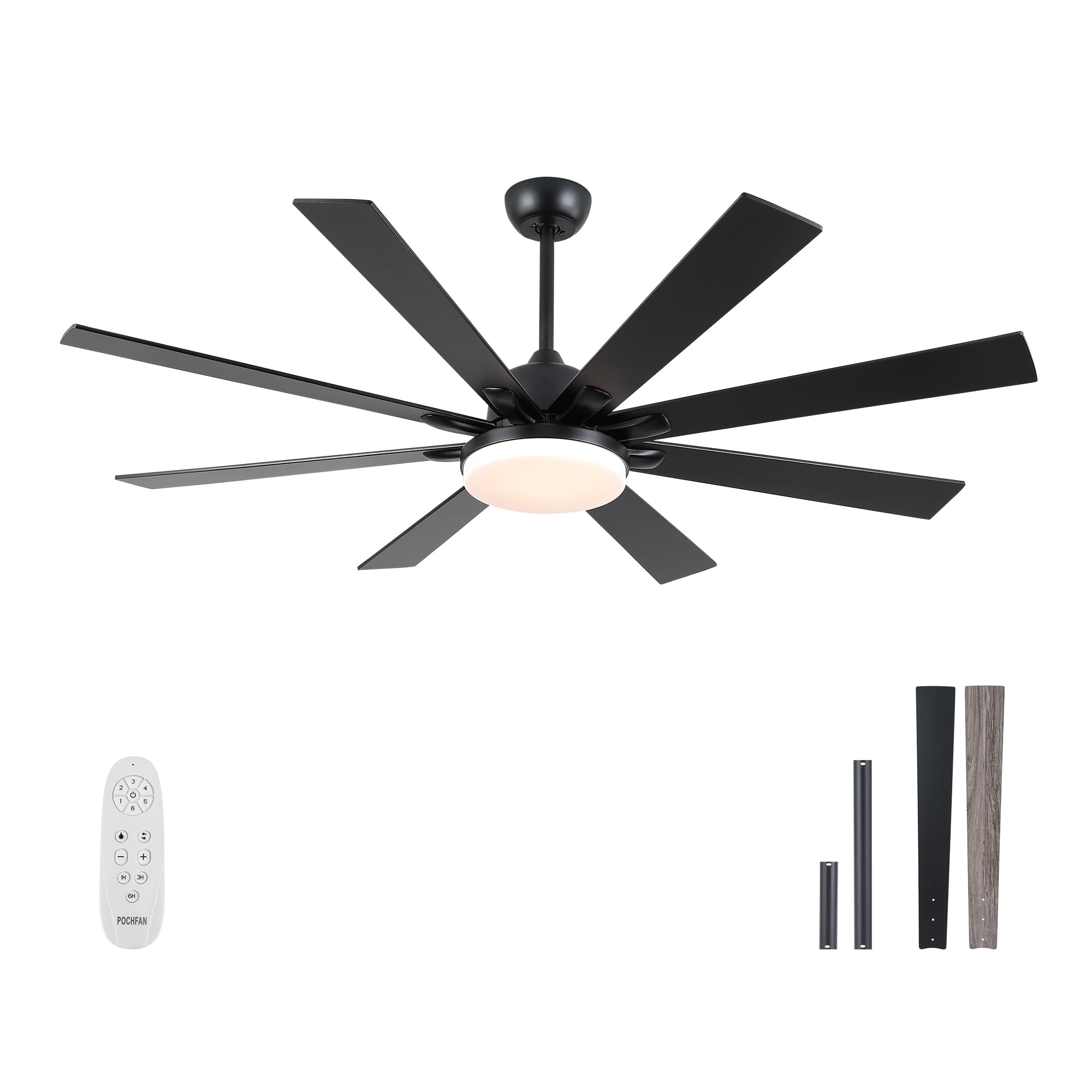 POCHFAN 62 Inch Ceiling Fans with Lights,Large Modern Ceiling fan with Remote and 8 Wooden Blades,Dimmable,6 Speeds,Noiseless Reversible Indoor&Outdoor Fan for Bedroom,Patio,Living Room