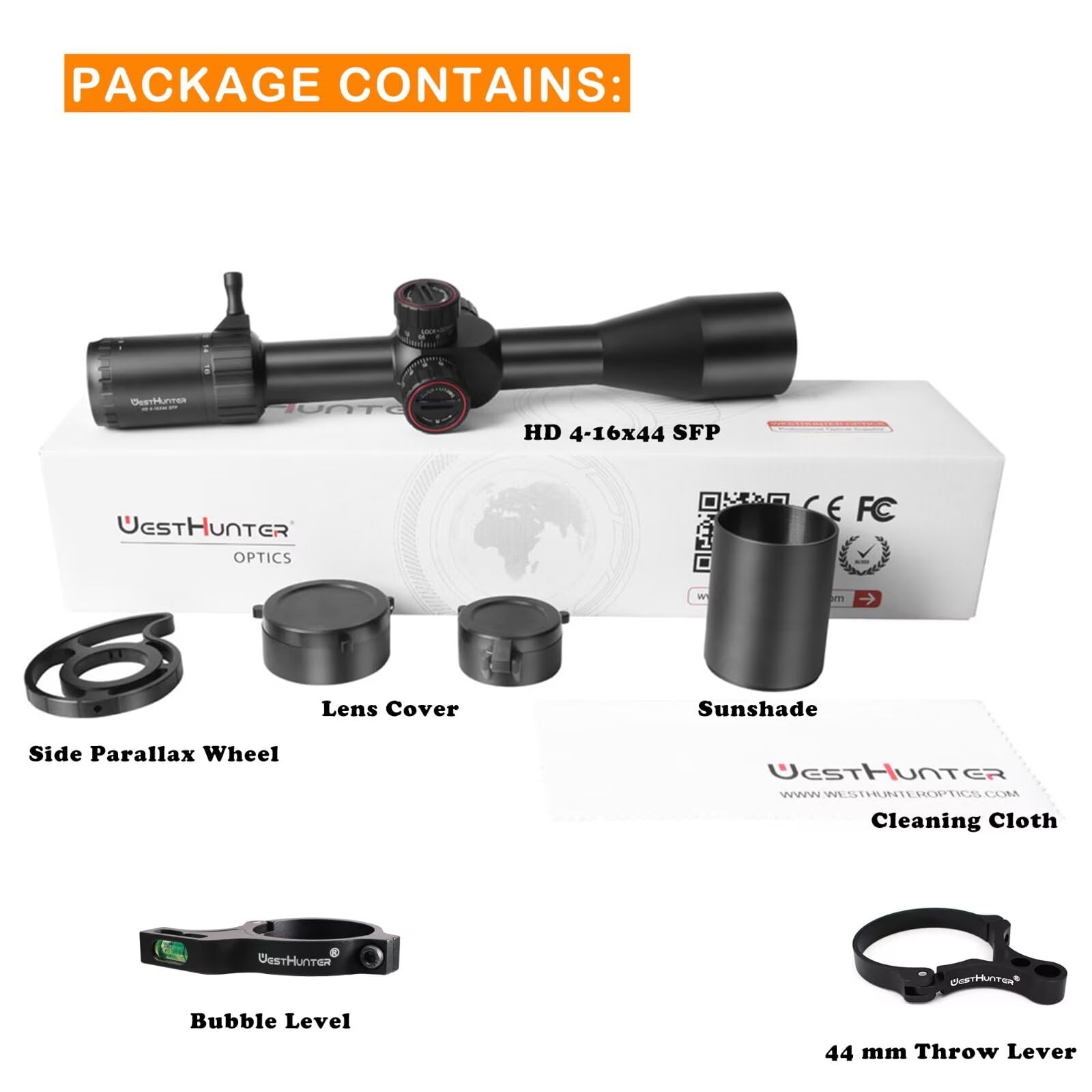 WestHunter Optics Wht 4-16x44 SFIR FFP Precisión Miras Telescópicas, Exclusivo para Competiciones Deportivas de Larga Distancia | Picatinny Shooting Kit B