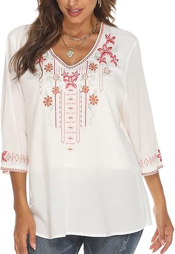 Miniatura 8 de AK Blusas bordadas bohemias para mujer, manga 34, estilo campesino, estilo mexicano, holgadas, blusas tipo túnica