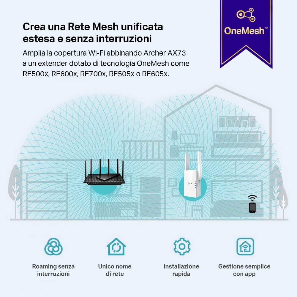 TP-Link Archer AX73 Router Wi-Fi 6 Dual-Band AX5400Mbps, 5 Porte Gigabit, 1 Porta USB 3.0, Router F (FTTH | FTTB | Ethernet), TP-Link HomeShield, OneMesh,App, Compatibile con Alexa, non supporta xDSL