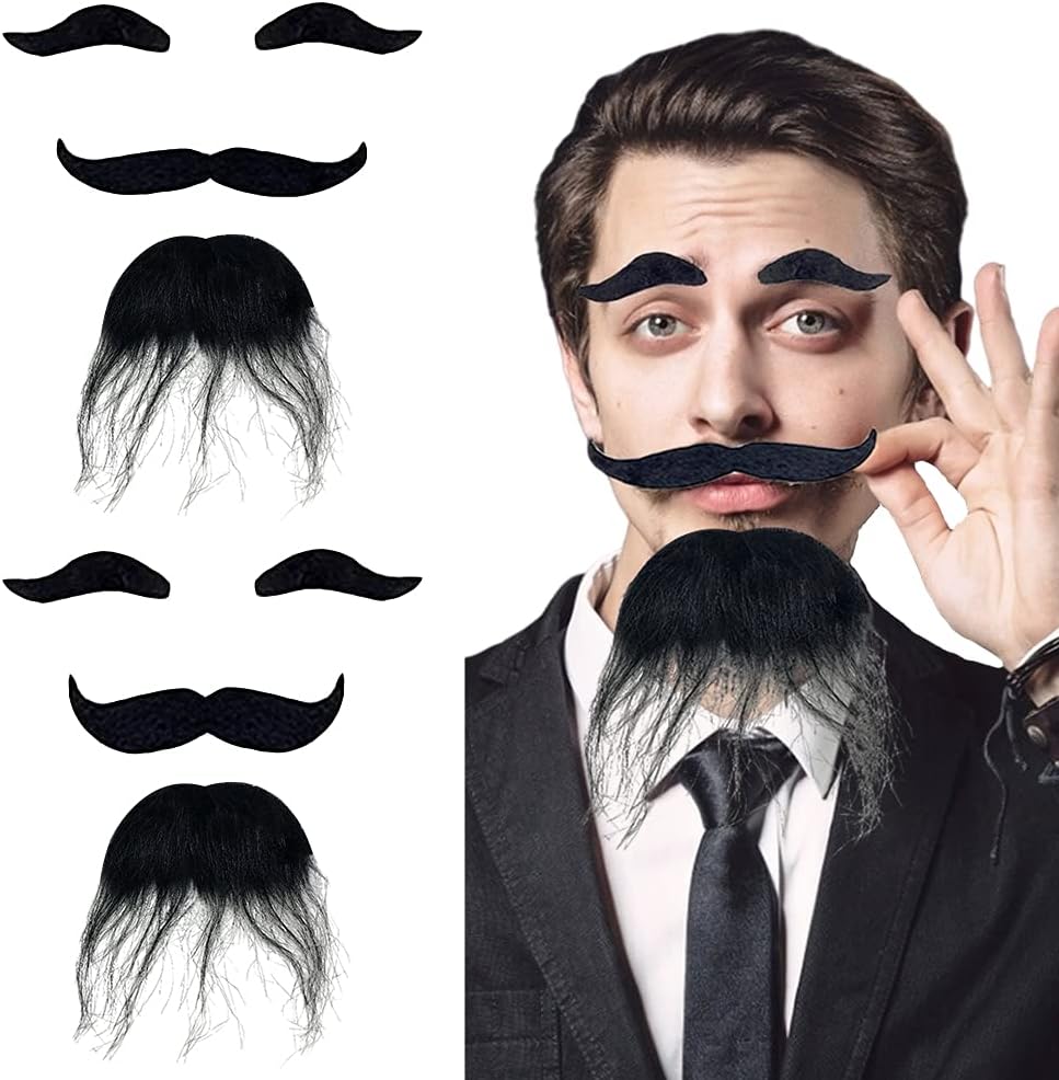 Self Adhesive Fake Eyebrows Beard,2 PCS Costume Facial Hair,Halloween Moustache Kit,Disguise Decoration for Masquerade Costume Party (Black)