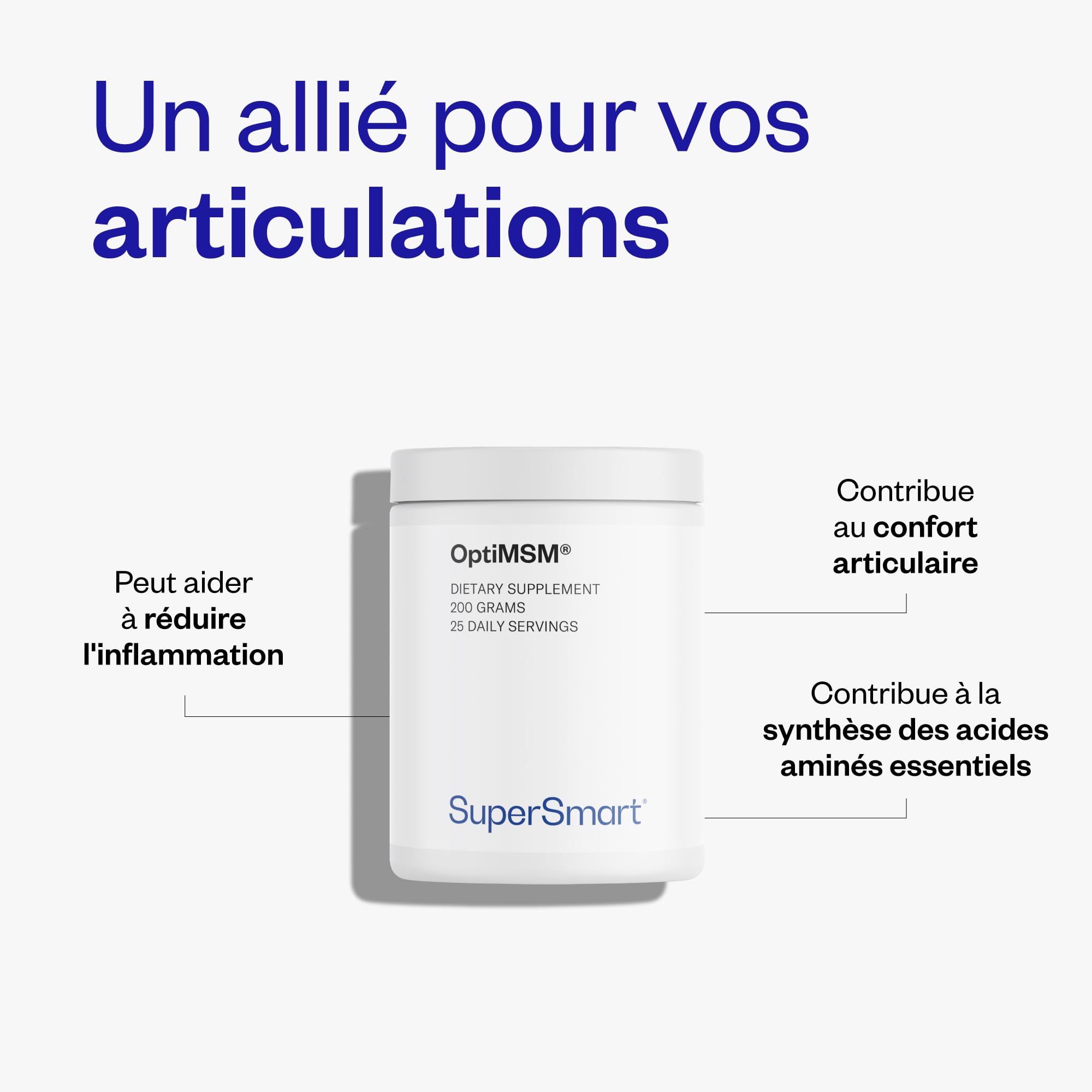 OptiMSM 200 G (Méthyle-sulfonyl-méthane) - Confort Articulaire - Aide à Atténuer les Douleurs Articulaires - Soufre Organique - Sans OGM - Vegan - Supersmart