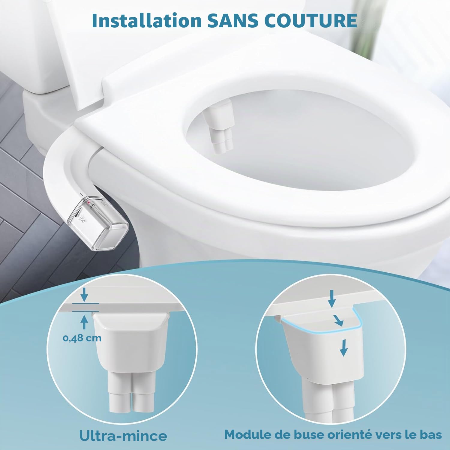Fixation de bidet ultra-fin, double mode pour toilettes, siège de toilette avec commandes de pression (lavage féminin/postérieur), facile à installer, non électrique