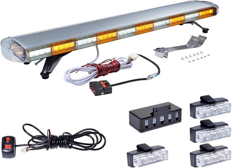AstraDepot 1PC Amber-White-Amber-White 88W 47" 88-LED Strobe Light Bar Roof Top + 4pcs (2 White + 2 Amber) 4-LED Grille Flashing Lamp Car Tow Truck
