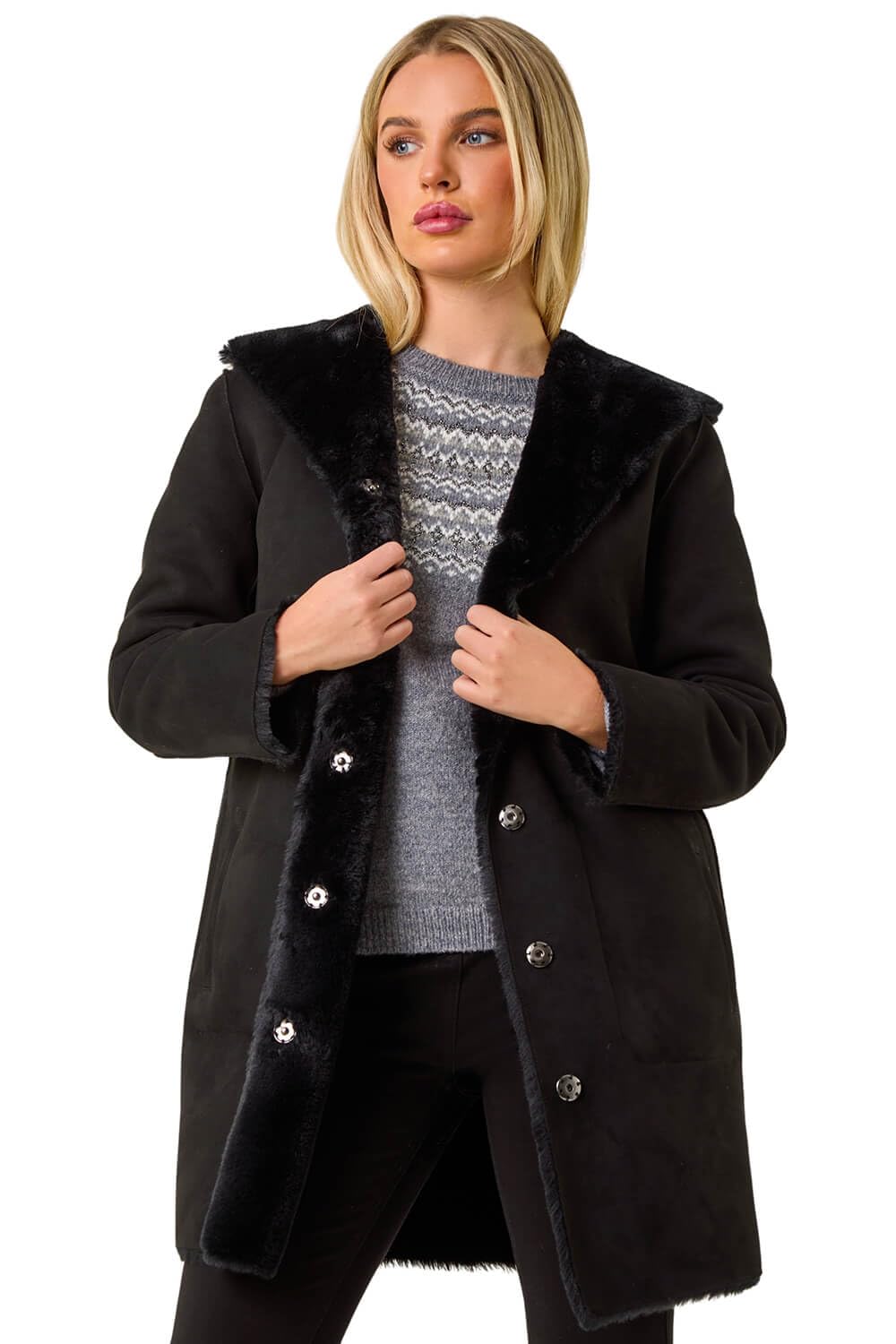 Roman Women's Black Petite Faux Sheepskin Hooded Coat In | : Size 12