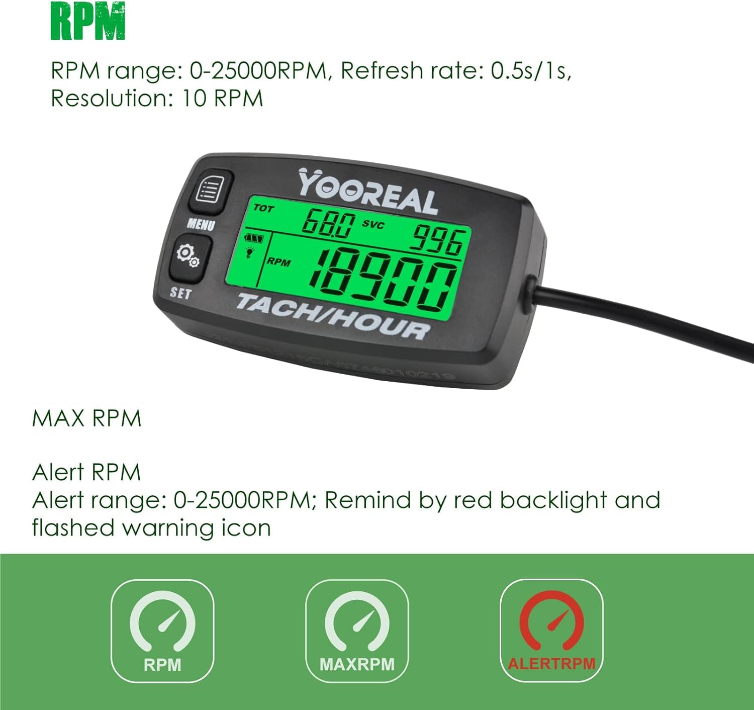 Yooreal LCD-Drehzahlmesser, Wartungserinnerung, Rasentraktor, Generator, Rasenmäher, Kettensäge, Außenborder, Schneemobil, austauschbare Batterie