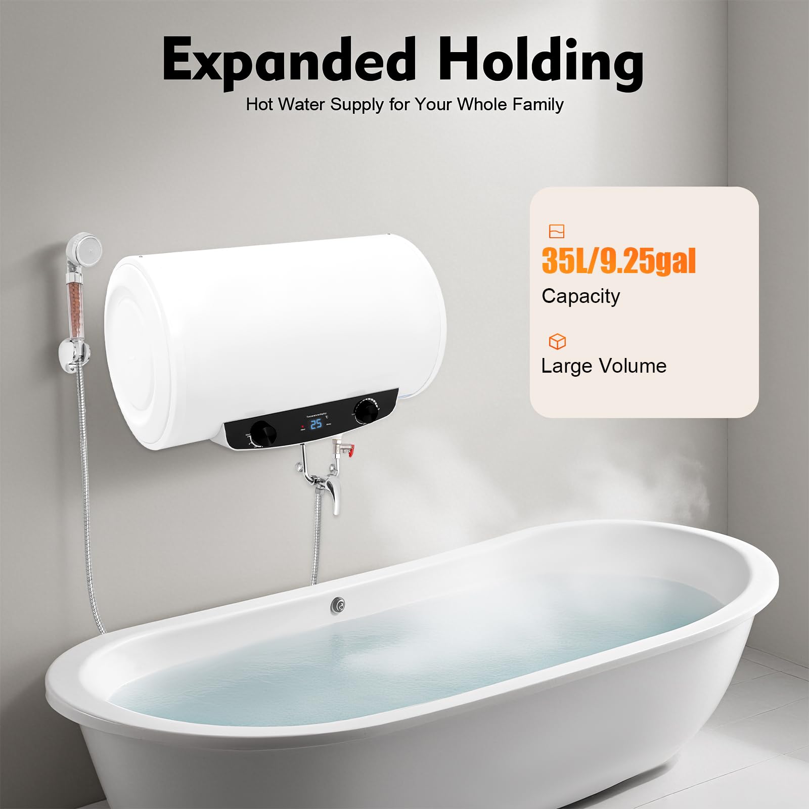 Calentador de agua eléctrico de 1500 W, 10 galones, 110 V, tanque de agua para baño, cocina, montado en la pared