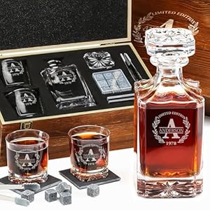 Personalized Whiskey Decanter and Stones Set – Customized Gift for Him – Men, Dad, Father – Engraved Classic Decanter, Glasses, 9 Granite Stones in Container, Coasters, Tongs in Wooden Gift Box