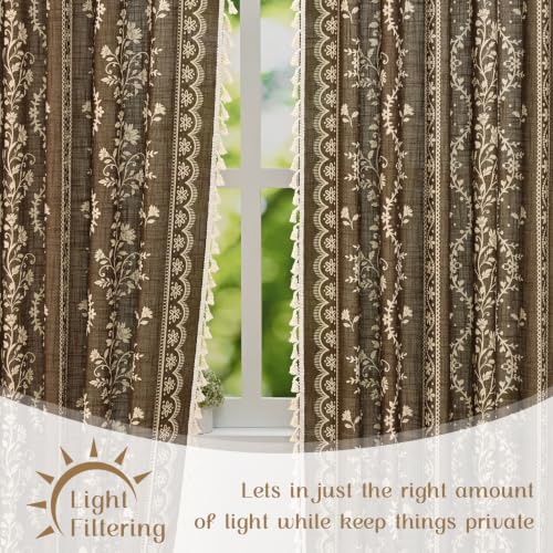 Image of Yinhua Boho Curtains for Living Room 84 Inch Length Vintage Linen Curtains for Bedroom Light Filtering Window Curtain Rod Pocket & Back Tabs Rustic Tassel Drapes with Tiebacks, Brown