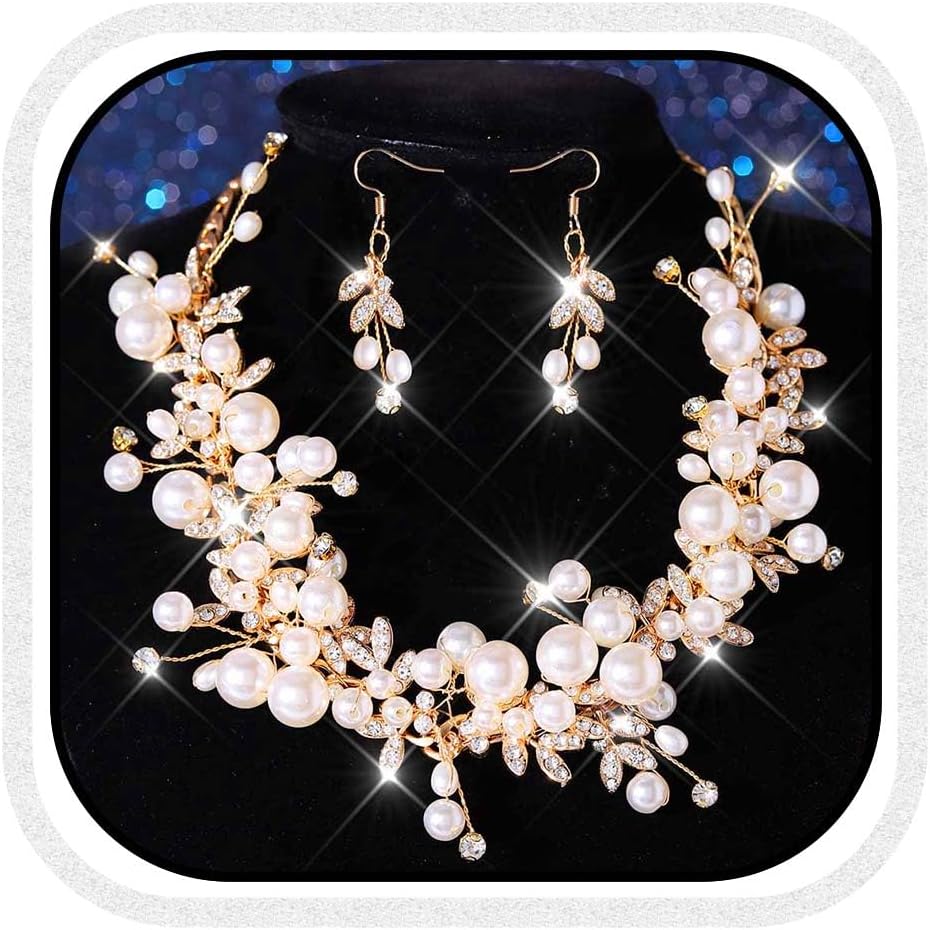 Unicra Gold Bridal Wedding Jewelry Set Pearl Necklace Earrings Sets Rhinestone Formal Prom Costume Jewelry Sets for Women and Brides